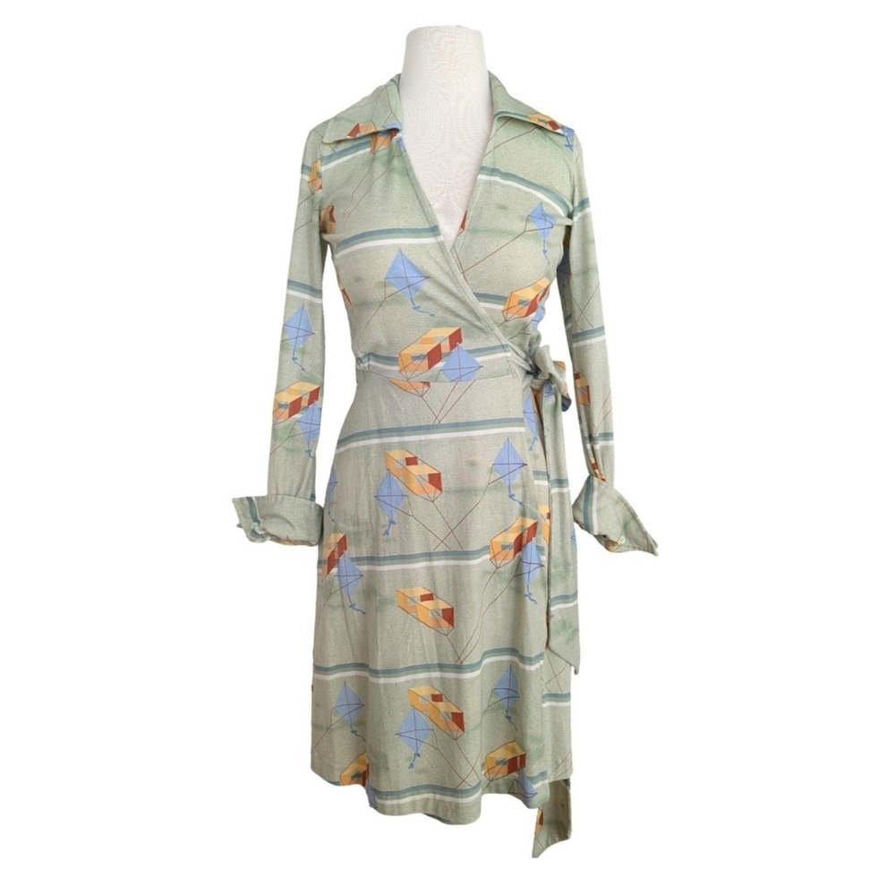 Huck a Poo Vintage 70s Wrap Dress Kite Print Green Knit Disco Mod XS S